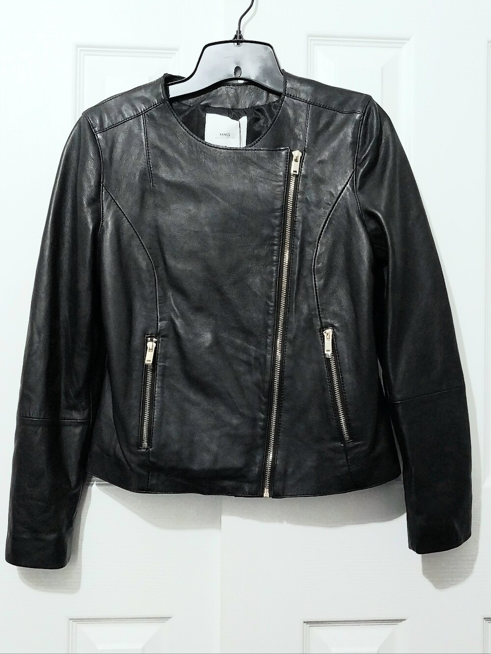 MNG Mango 100% Sheep Leather Asymmetric Zip Moto Jacket, NWT, Size XS